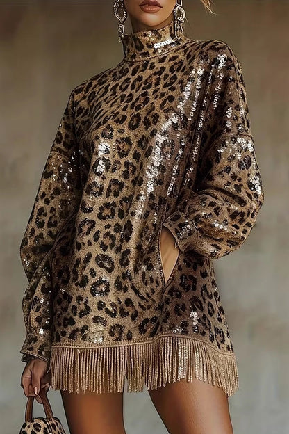 Cardydony Women's Stylish Leopard Print Sequined Turtleneck Long-sleeved Tassel Hem Loose Mini Dress