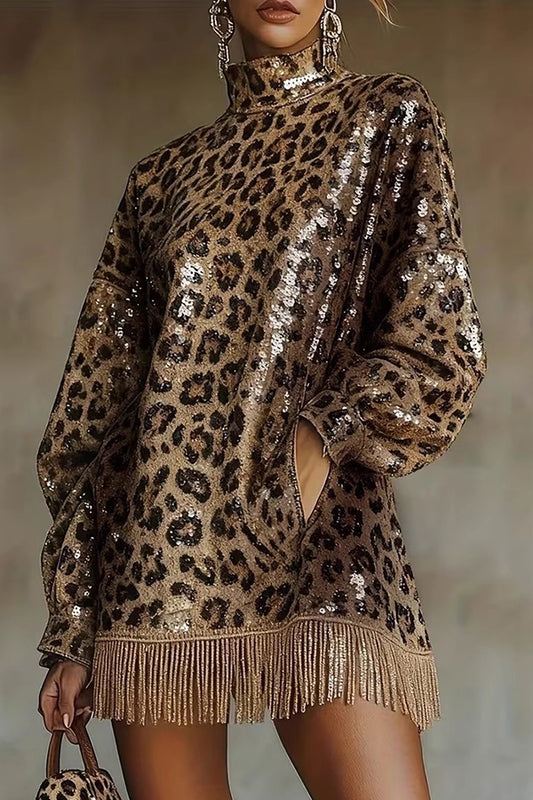 Cardydony Women's Stylish Leopard Print Sequined Turtleneck Long-sleeved Tassel Hem Loose Mini Dress