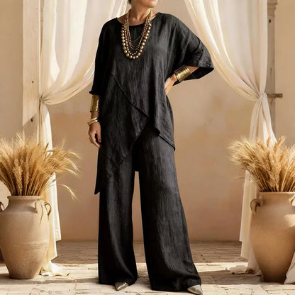 Cardydony Women's Comfy Linen Blend Flowy Double Layer Design Top And Pants Two-piece Set