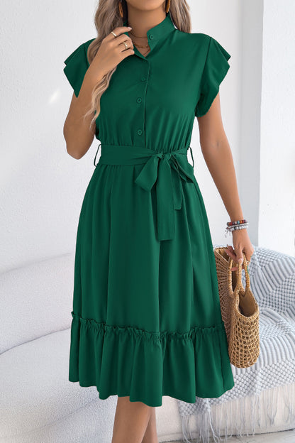 Cardydony Women's Solid Color Stand Collar Button Waist Tie Casual Midi Dress