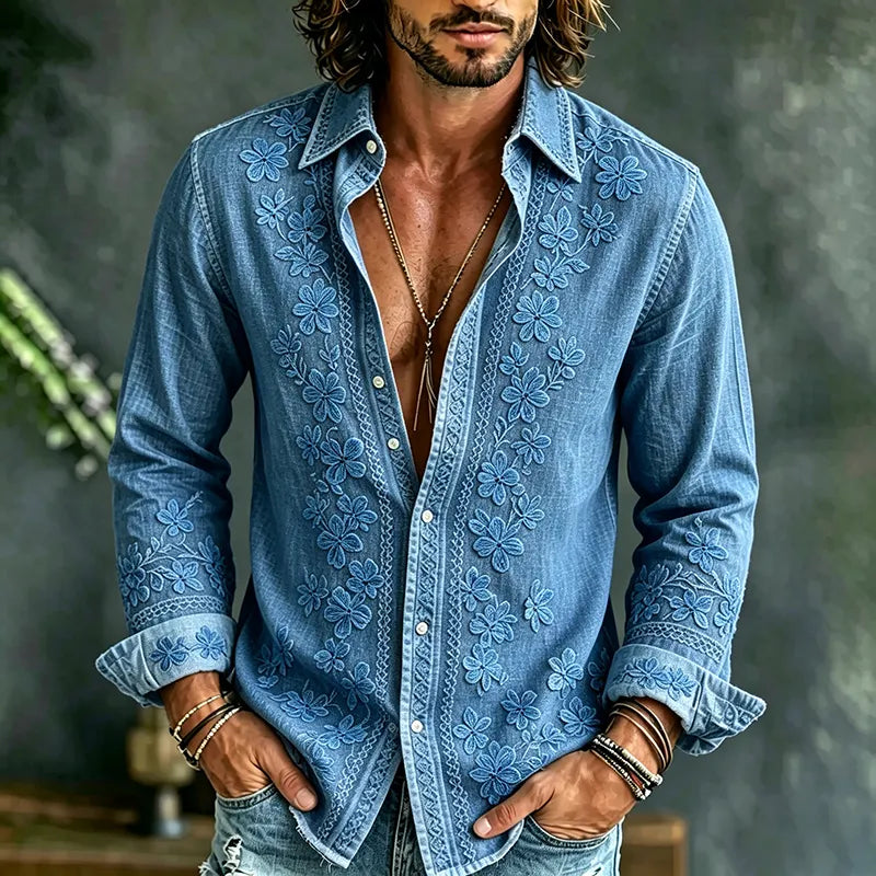 Cardydony Men's Causal Spring Floral Art Print Flowy Linen Blend Shirt