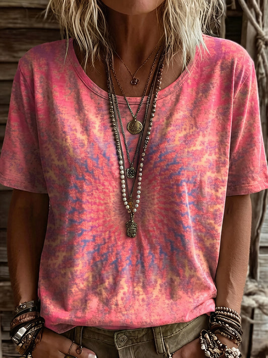 Cardydony Women's Vintage Ethnic Pink Mandala Art Printed Casual Round Neck Short Sleeve T-shirt