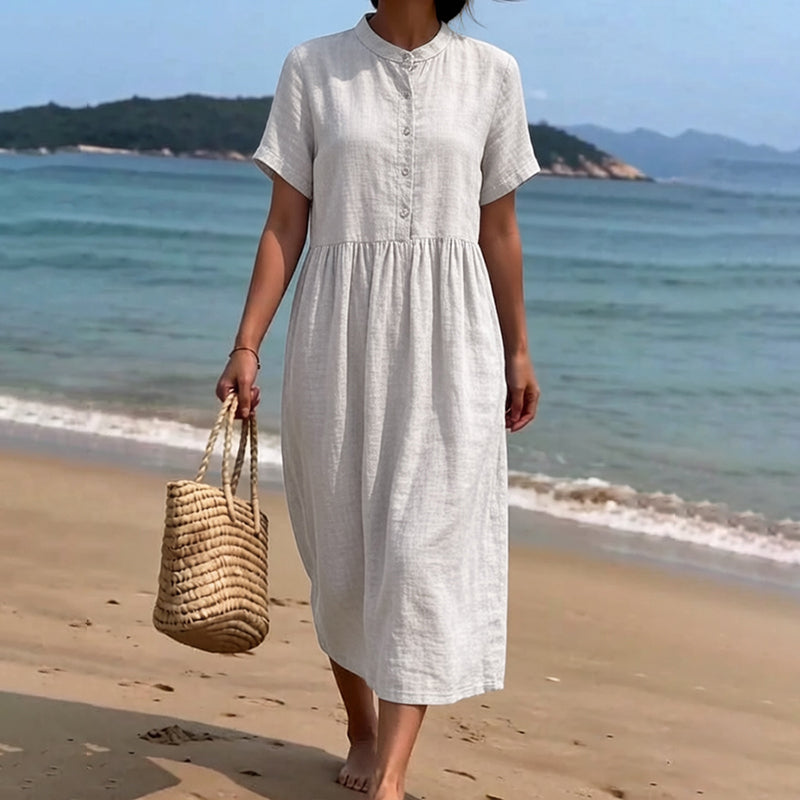 Cardydony Women's Solid Color Linen Blend Lapel Dress