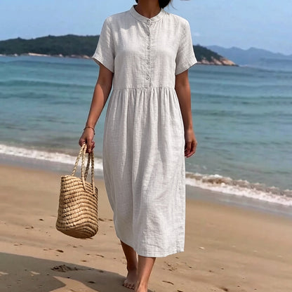 Cardydony Women's Solid Color Linen Blend Lapel Dress