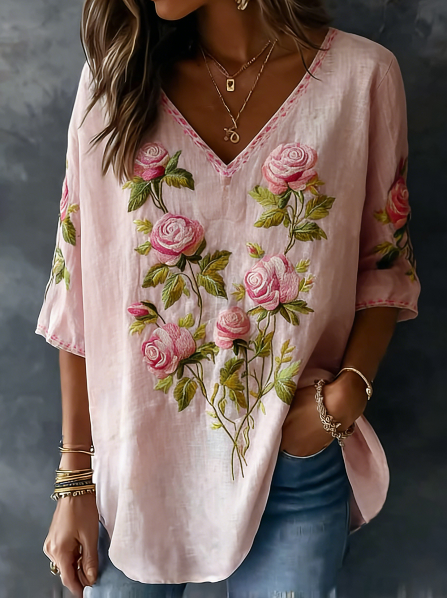 Cardydony Retro Rose Embroidery Pattern Linen Blend Three-quarter Sleeve Tops