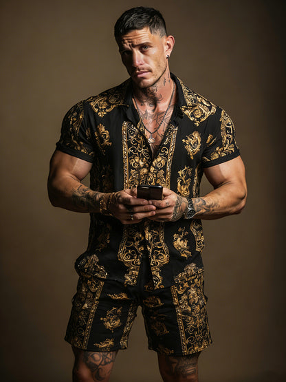 Cardydony Men's Fashion Baroque Pattern Cuban Shirt And Shorts Two-piece Set