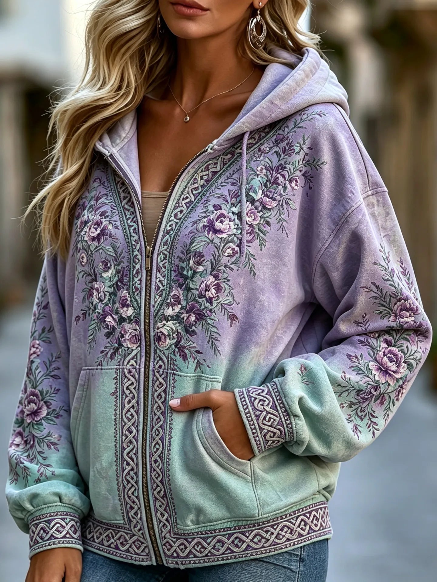 Cardydony Women's Vintage Flowers Celtic Knot Gradient Art Casual Zip-up Hoodie