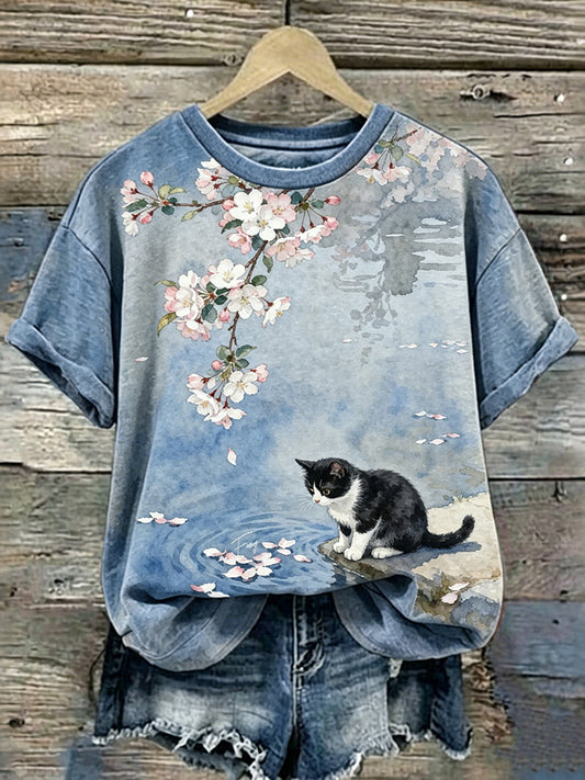 Cardydony Retro Cute Cat And Cherry Blossom Pattern Casual T-shirt