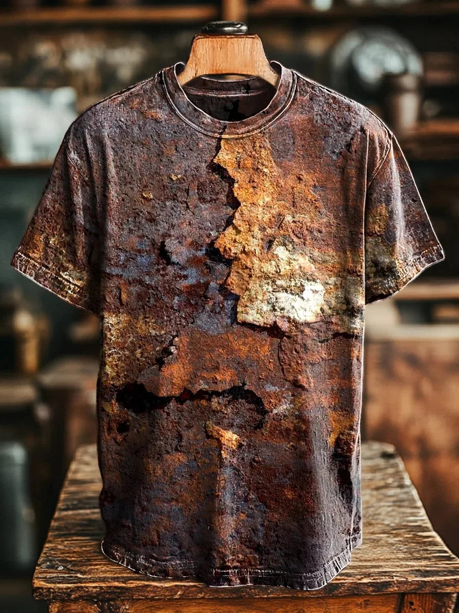Cardydony Unisex Retro Aged Rust Printed Casual Loose Short Sleeve T-shirt
