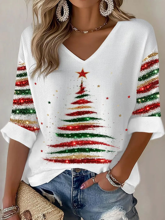 Cardydony Women's Festive Christmas Tree Glitter Print Relaxed Fit V-neck Three Quarter Sleeve T-shirt