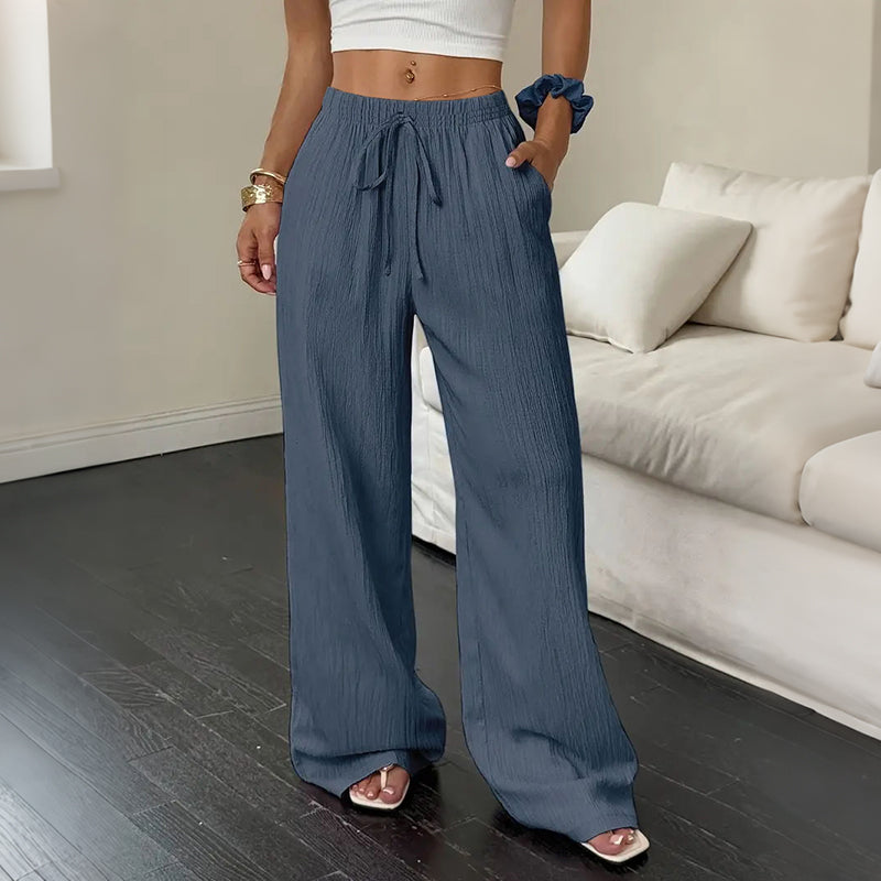 Cardydony Solid Color Elastic Waist Straight Leg Linen Pants