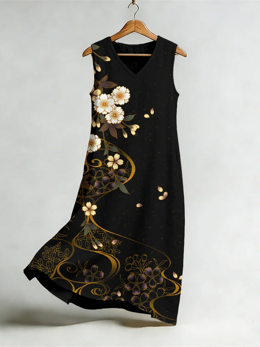 Cardydony Japanese Cherry Blossoms Art Flowy Linen Midi Dress