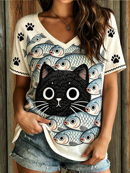 Cardydony Cat And Fish Pattern Casual Washed T-shirt