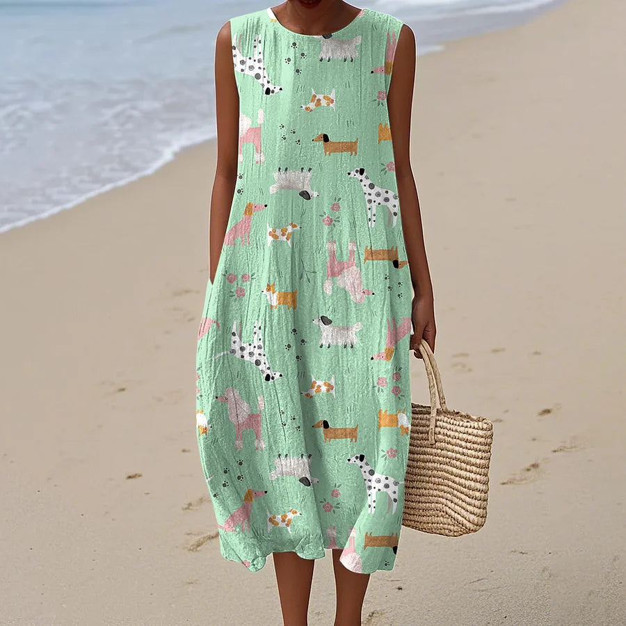 Cardydony Women's Cute Dog Print Linen Blend Tank Midi Dress