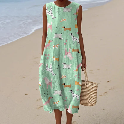 Cardydony Women's Cute Dog Print Linen Blend Tank Midi Dress