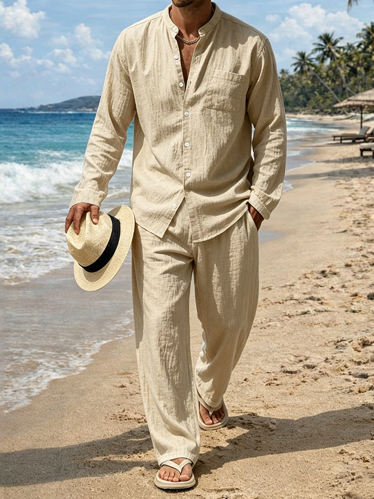 Cardydony Men's Leisure Solid Color Cotton Linen Pocket Shirt And Pants Two Piece Set