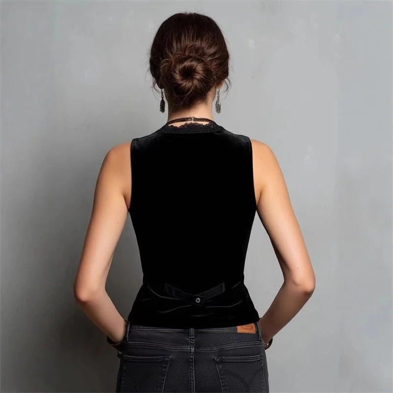 Cardydony Lace V-neck Black Velvet Sleeveless Vest