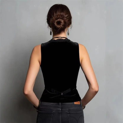 Cardydony Lace V-neck Black Velvet Sleeveless Vest