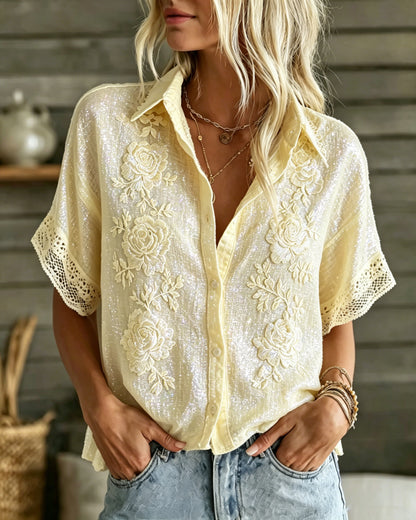Cardydony Women's Vintage Floral Embroidery Pattern Casual Shirt