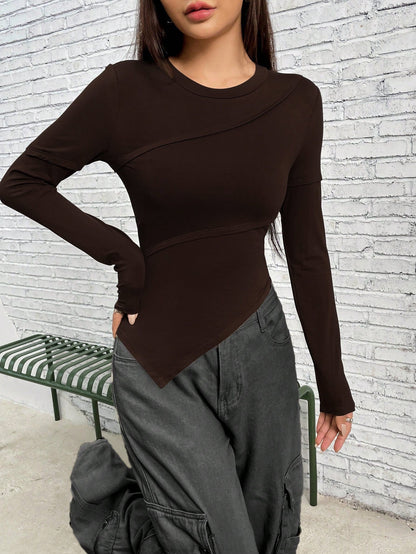 Cardydony Women's Asymmetric Fitted Long-Sleeve Knit Top
