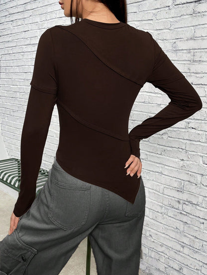 Cardydony Women's Asymmetric Fitted Long-Sleeve Knit Top