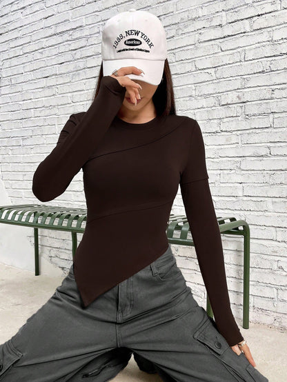 Cardydony Women's Asymmetric Fitted Long-Sleeve Knit Top