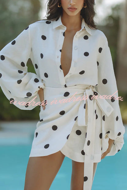 Cardydony Women's Effortlessly Linen Blend Polka Dot Balloon Sleeve Blouse and Wrap Tie-up Loose Mini Skirt Set