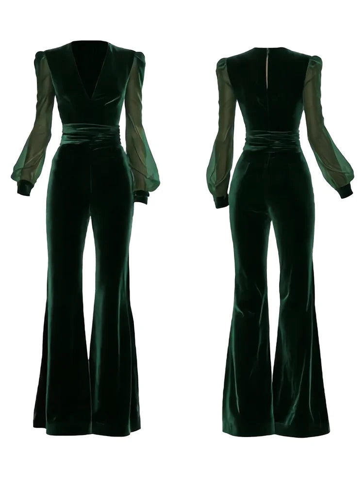 Cardydony Retro Elegant V Neck Velvet Jumpsuit