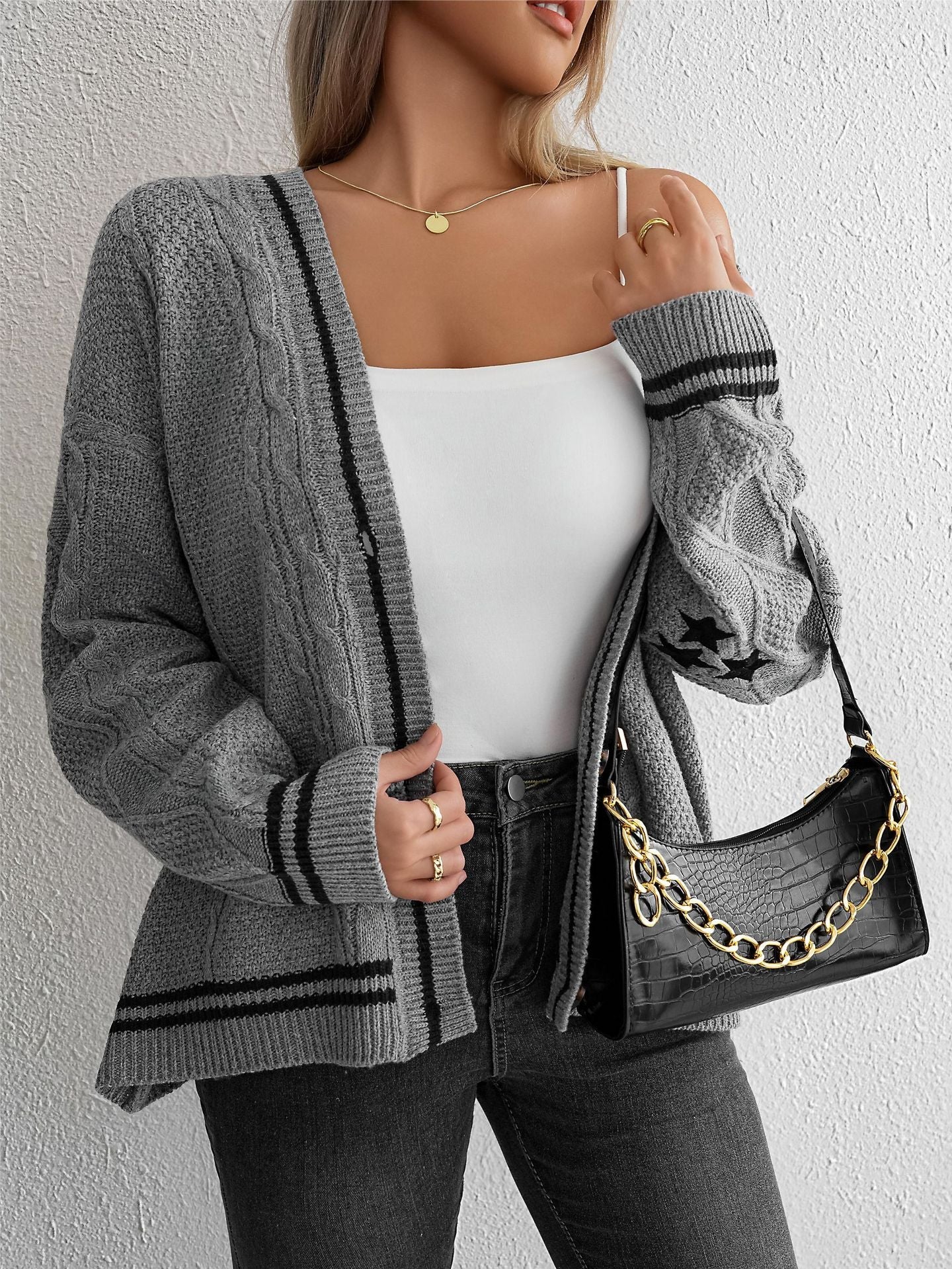 Cardydony Women's Classic Knitted V-Neck Cardigan with Subtle Contrast Details
