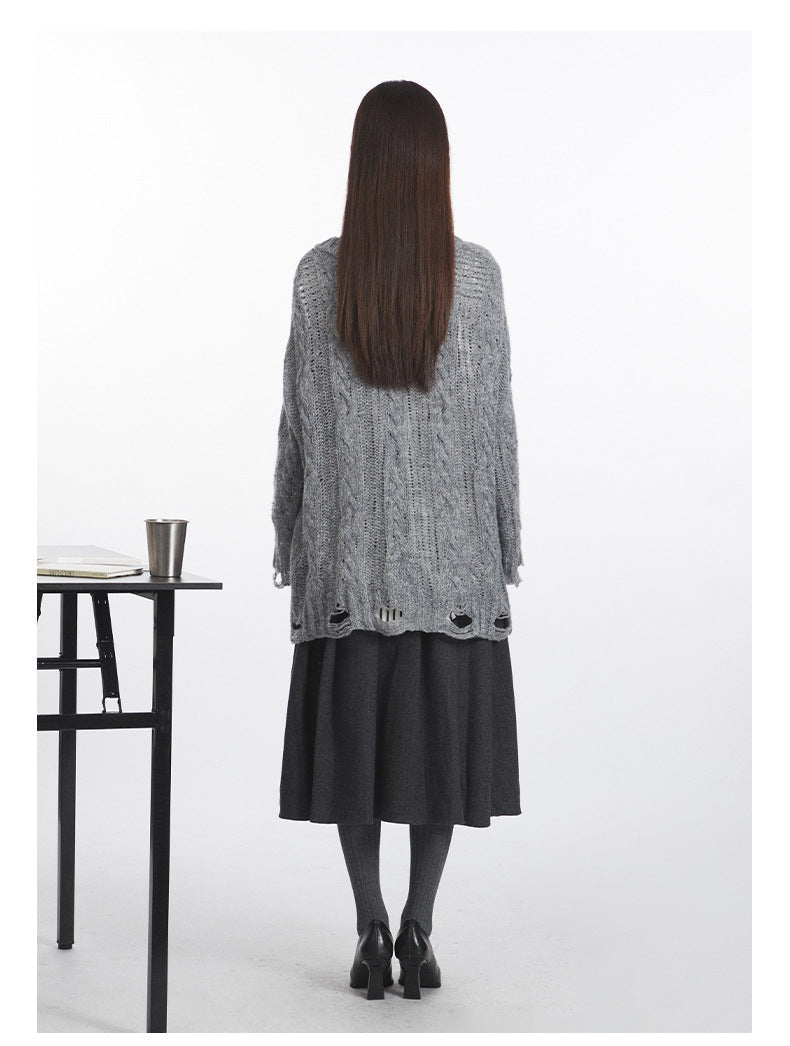Cardydony Women's Oversized Cable Knit Sweater | Distressed V-Neck Pullover