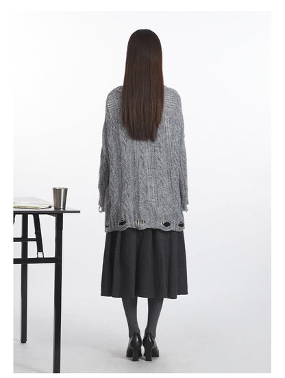Cardydony Women's Oversized Cable Knit Sweater | Distressed V-Neck Pullover