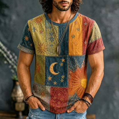 Cardydony Men's Mysterious Sun Moon Boho Hippie Patchwork Print T-shirt