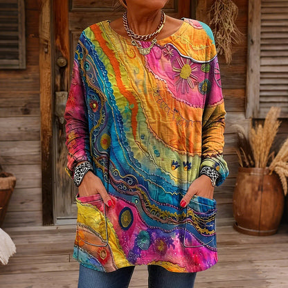 Cardydony Women's Peace Tie-dye Rainbow Art Pattern Casual Long-sleeve Pocket T-shirt