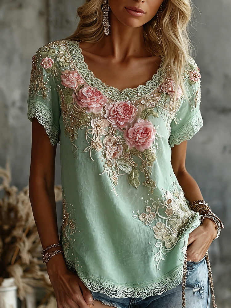 Cardydony Women's Vintage Rose Floral Art Linen Blend Top