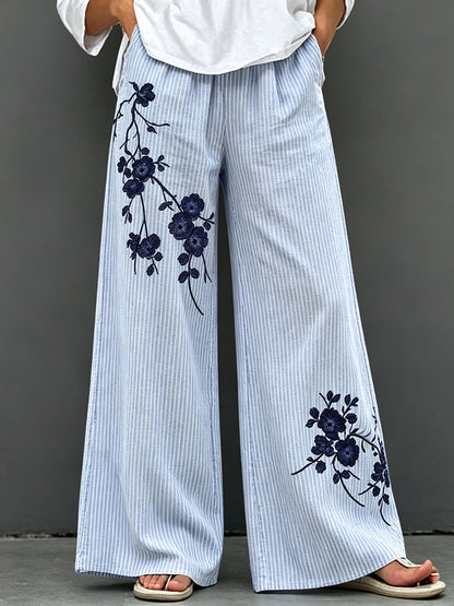 Cardydony Vintage Plum Bossom With Stripe Art Casual Pants
