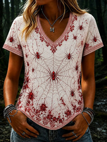 Cardydony Women's Vintage Spider Art Pattern V-neck Short Sleeve T-shirt