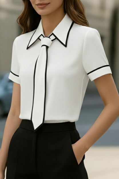 Cardydony Women's  Stylish Color-blocked Trim Collared Short-sleeved Casual Shirt
