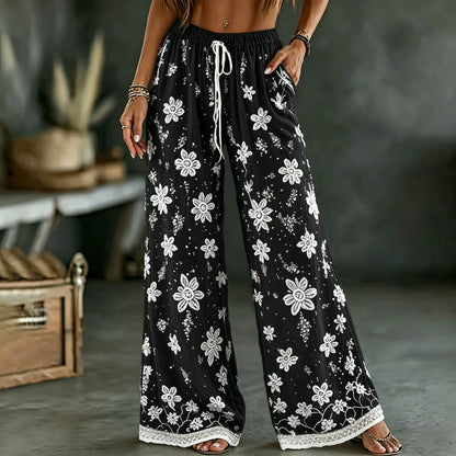 Cardydony Women's White Rose Art Embroidered Linen Blend Pants