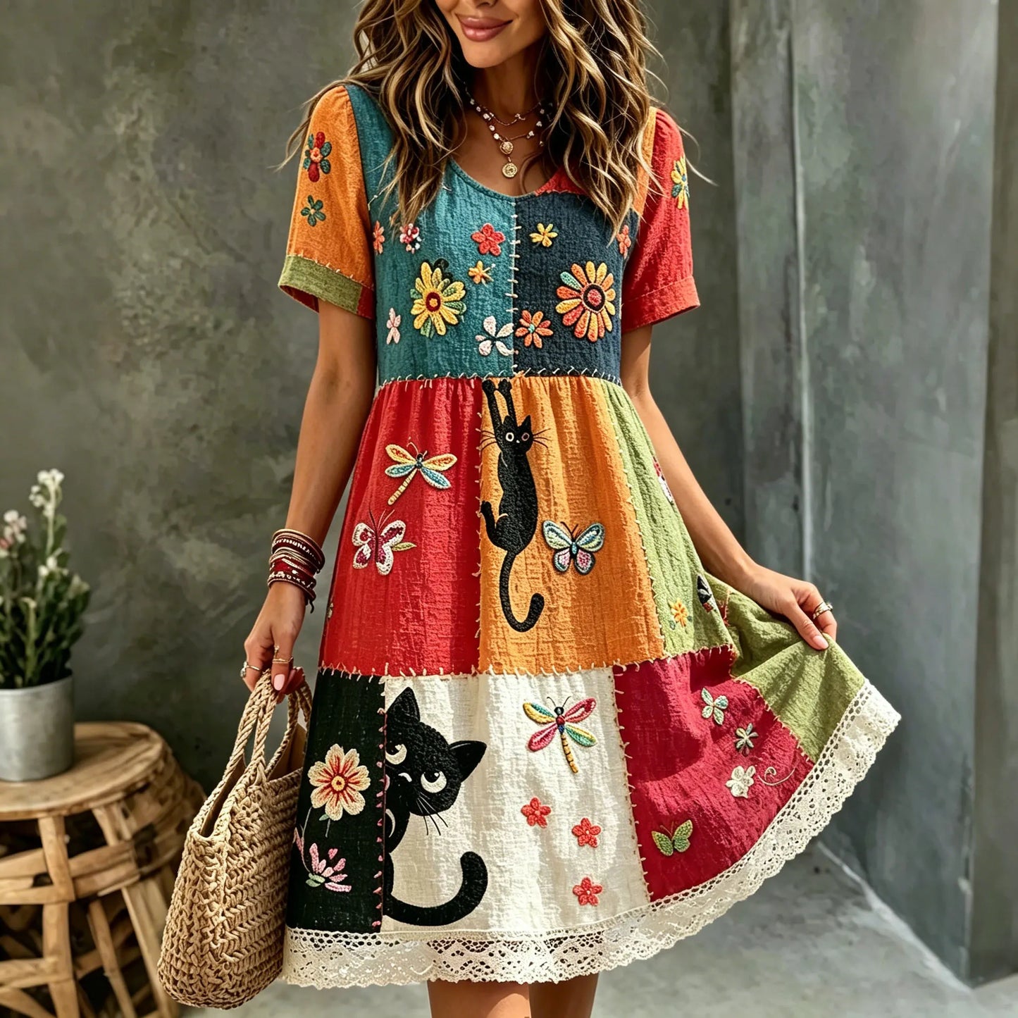 Cardydony Women's Hippie Black Cat Art Embroidered Linen Blend Round Neck Mini Dress