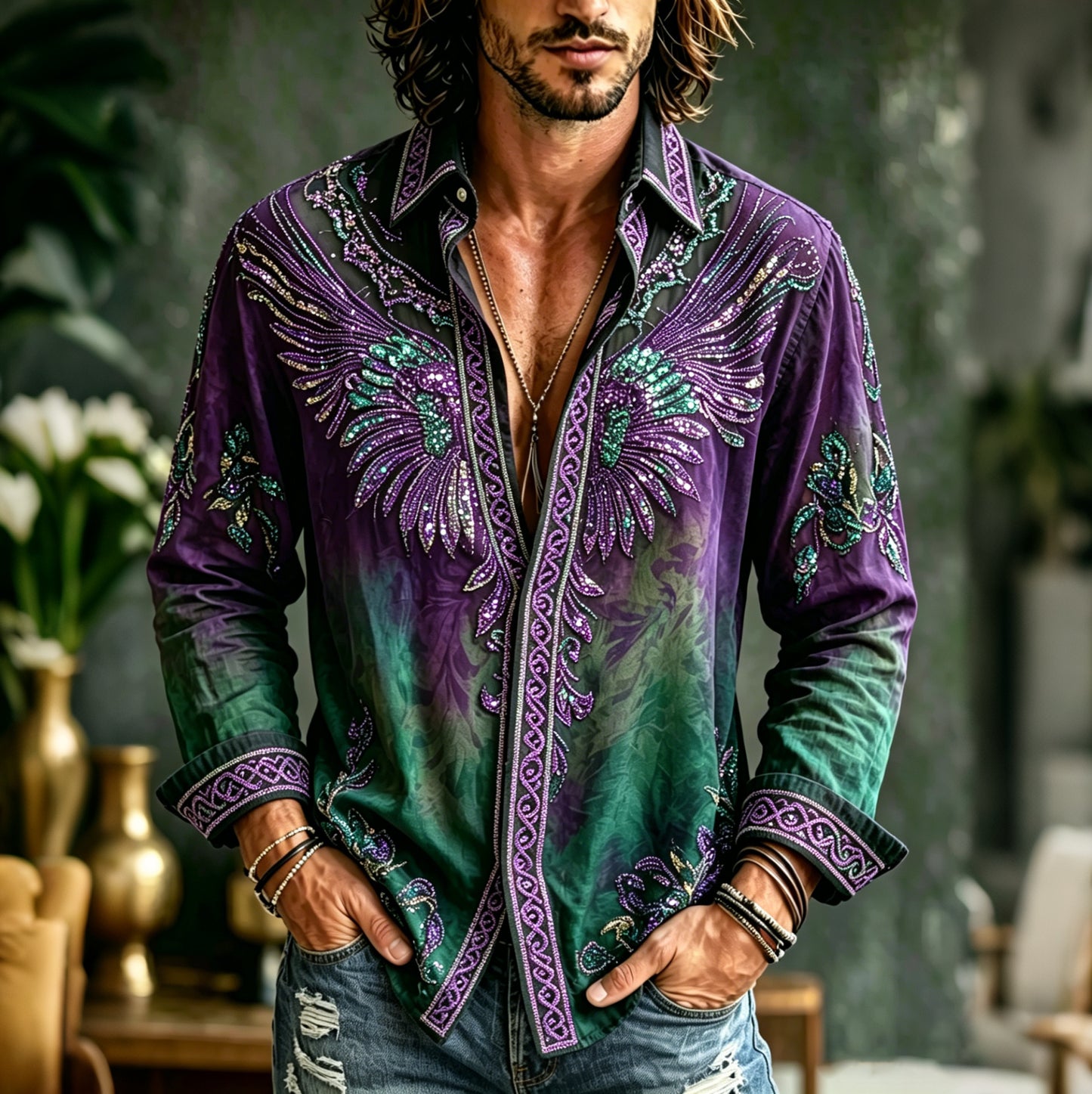 Cardydony Men's Spring Summer Viking Celtic Knot Wings Inspired Art Flowy Linen Blend Shirt