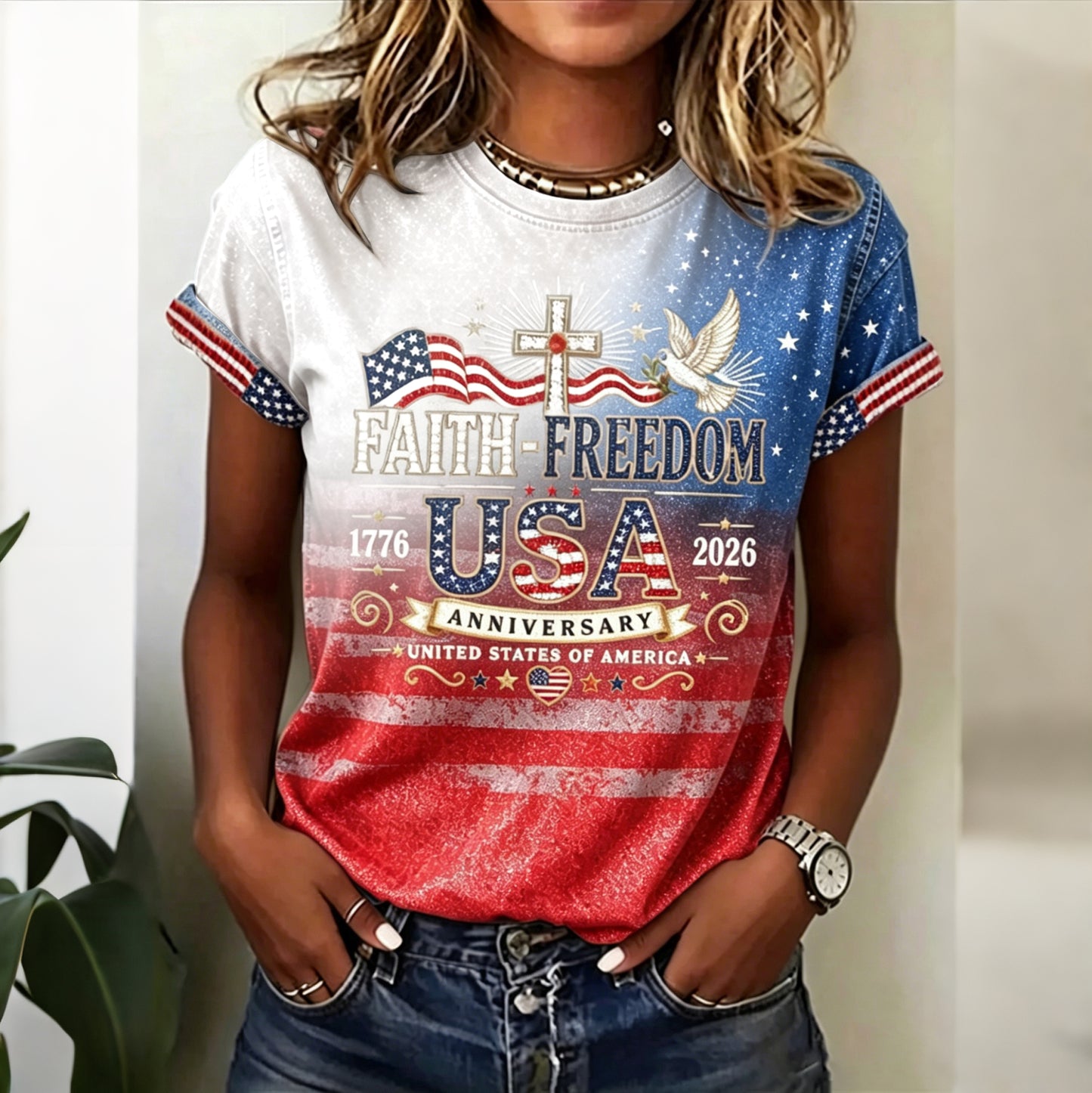 Cardydony Women's Retro Independence Day Anniversary T-shirt
