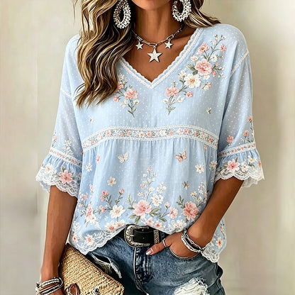 Cardydony Women's Vintage Floral And Butterfly Art Casual T-shirt