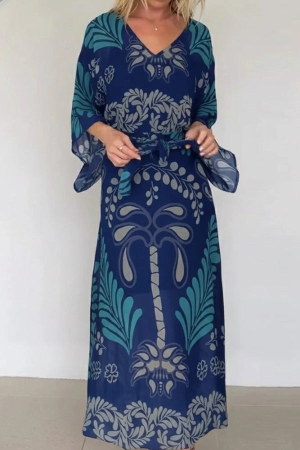 Cardydony Women's Bohemian Style Unique Printed Chiffon Loose-fitting Belted Maxi Dress