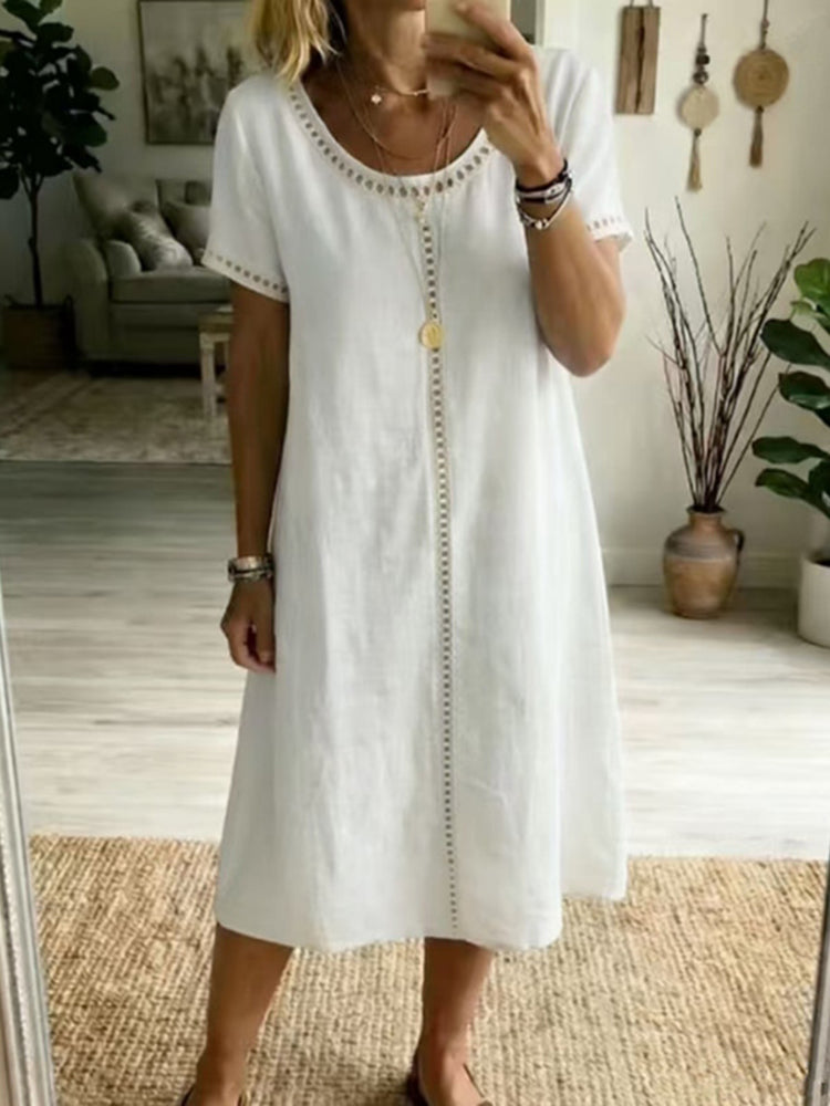 Cardydony Women's Solid Color Round Neck Short Sleeve Linen Blend Midi Dress