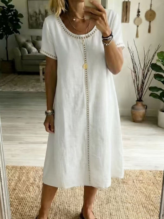 Cardydony Women's Solid Color Round Neck Short Sleeve Linen Blend Midi Dress