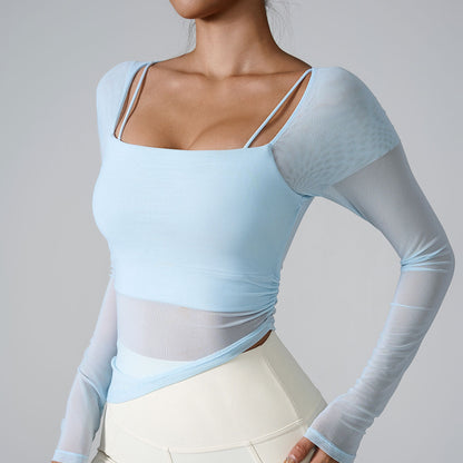 Cardydony Women's Sheer Mesh Long-Sleeve Top with Square Neckline and Ruched Design