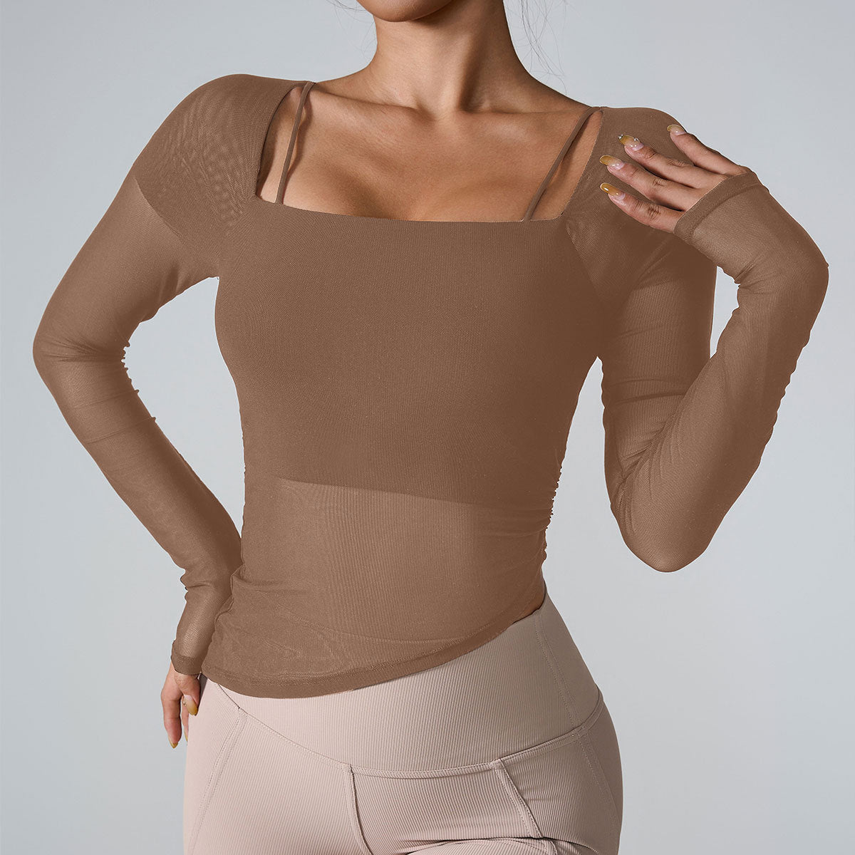 Cardydony Women's Sheer Mesh Long-Sleeve Top with Square Neckline and Ruched Design