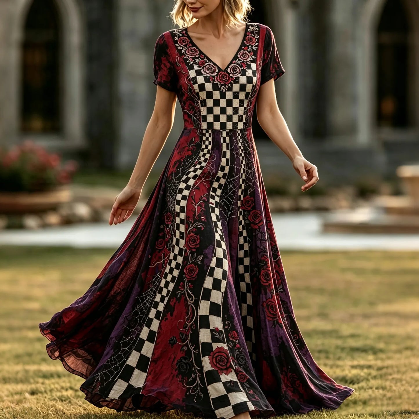 Cardydony Women's Retro Halloween Plaid Floral Print V-neck Dress