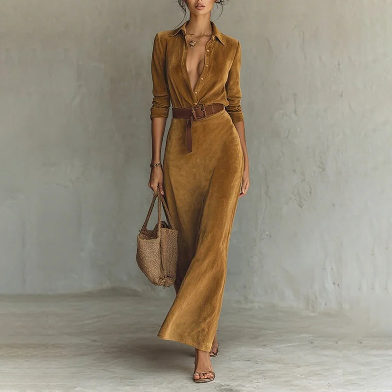 Cardydony Women's Retro Suede Waist-cinching Long Dress With Belt