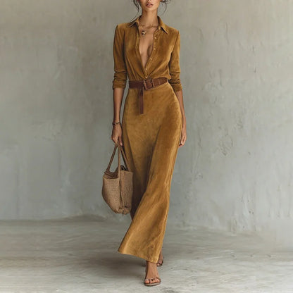 Cardydony Women's Retro Suede Waist-cinching Long Dress With Belt